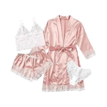 Imagem de Conjunto De Pijama De Renda E Cetim Feminino 4 Peças Roupa De Dormir D