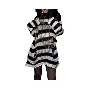 Imagem de Suéter Feminino Y2K Gótico Com Furos E Listras, Tricô De Manga Longa R