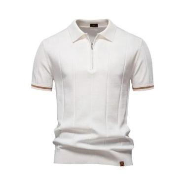 Imagem de Camisa Polo Masculina Slim Fit De Cor Sólida Com Zíper AIOPESON Para A