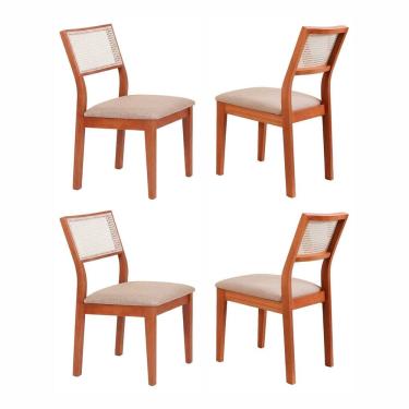 Imagem de Kit 4 Cadeiras Madeira Maciça com Estofado e Fibra Natural Rattan Maya Espresso Móveis Cinamomo/Bege