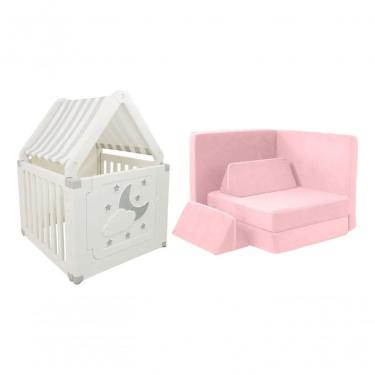 Imagem de Kit Casinha Infantil E Sofá De Brincar Para Crianças Freso Cinza E Rosa Lúdico