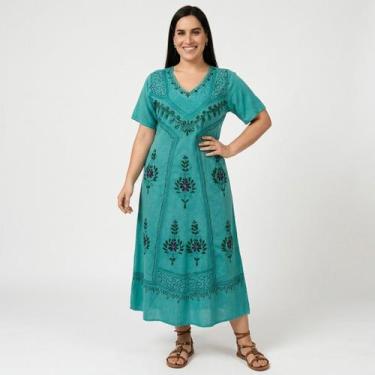 Imagem de Vestido Indiano Longo Manga Curta Liso bordado Colorido 1100-4 - M - S