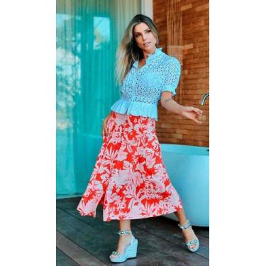 Imagem de Saia midi estampa floral Havaí com bolsos laterais. - Cila Martini