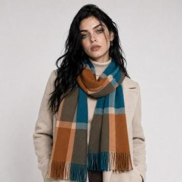 Imagem de Lenço Larsen Xadrez com Franjas REF:JL003/25, Azul, Laranja, UN