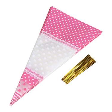 Imagem de Sacos de guloseimas em forma de cone de 50 pe?as,Sacos de pipoca em forma de cone transparente Sacos de guloseimas de algod?o doce Sacos de celofane com la?os de tor??o(Pink4ribbon*17CM*30CM), S