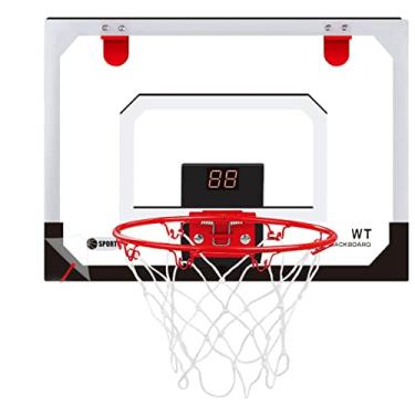Imagem de scosao Mini argola de basquete para ambientes internos para crianças e adultos com placar eletrônico, argola de basquete, suporte de parede externo para casa e escritório porta e parede com 1 bola e acessórios completos