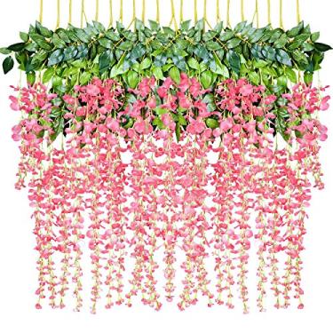 Imagem de DearHouse Pacote com 12 1 peça 3,6 metros artificial falsa Wisteria videira ratta pendurado guirlanda flores de seda decoração de casamento para casa festa de casamento (rosa)