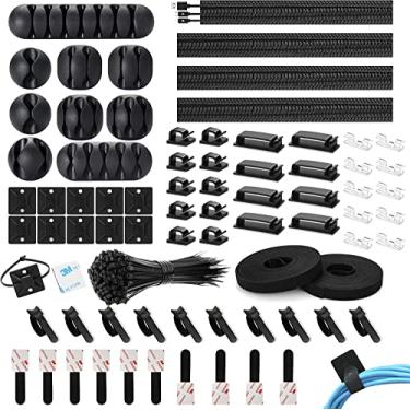 Imagem de 173 Pcs Kit Organizador de Gerenciamento de Cabos, inclui 4 Buchas de Cabo Divididas com 47 Abraçadeiras de Cabo Autoadesivas, 10 Abraçadeiras de Cabo, 10 Abraçadeiras de Parede Adesivas, 100 Abraçadeiras de Cabo de Fixação,2 rolos de abraçadeiras de cabo.