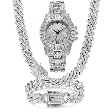 Imagem de NUAYA Conjunto de 3 peças de pulseira de relógio masculino de luxo com diamantes relógios banhados a ouro 18 k totalmente gelado strass quartzo analógico relógio de pulso conjunto de pulseira de aço inoxidável, Strass, Zircônia cúbica