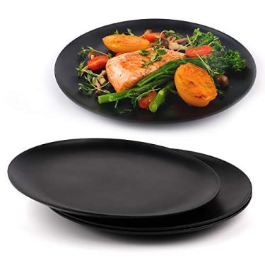Imagem de Prato de jantar preto, pratos de cozinha, pratos pretos foscos, pratos de jantar modernos, pratos seguros para lava-louças, louças inquebráveis, fibra de bambu, 25 cm, conjunto de 4, sustentável, redondo, reutilizável.