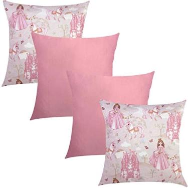 Imagem de Kit 4 Capas de Almofadas Composê Princesas e Cetim Rosa 45cmx45cm