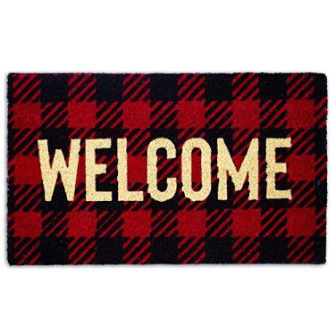 Imagem de Tapete de porta frontal de coco natural, coleção externa, capacho quadriculado decorativo com suporte de PVC resistente, 43 x 73 cm, Buffalo Check Welcome