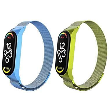 Imagem de Kit 2 Pulseira magnética de metal para Xiaomi Band 7 6 5 4 3, pulseira de substituição de aço inoxidável ajustável para smartwatch, adequada para mulheres, homens, esportes e trabalho. (Mi Band 7, Azul celeste + verde)