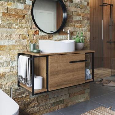 Imagem de Gabinete Suspenso Para Banheiro 80cm P1019 Mel Com Cuba Berlin Branca Preto/Mel