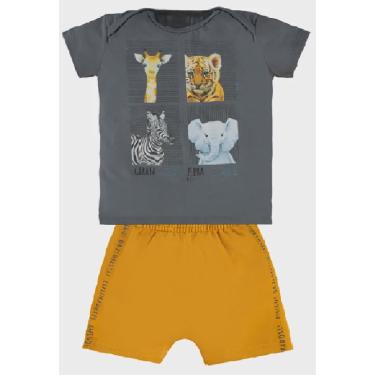 Imagem de Conjunto Curto bebê camiseta cinza estampada e bermuda saruel moletom mostarda