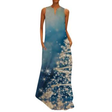 Imagem de UIFLQXX Vestido longo feminino plus size, sem mangas, gola V, estampa de Natal, vestido de coquetel, vestido evasê, Azul claro, GG