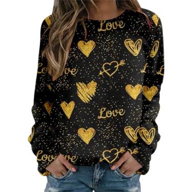 Imagem de Howstar Suéter feminino com estampa de dia dos namorados moda coração gráfico gola redonda manga longa pulôver primavera verão blusa casual, Dourado, GG