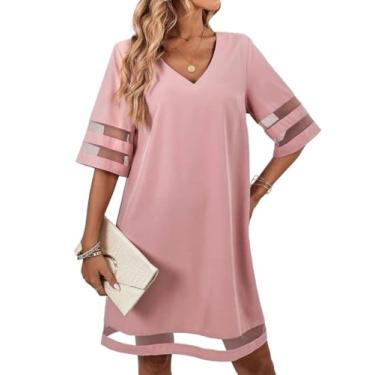 Imagem de Camisa Feminina Solid V Neck Contrast Mesh Tunic Dress (Color : Pink, Size : L)