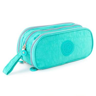 Imagem de Estojo Escolar Feminino Masculino Grande 3 Zíperes Resistente Papelaria Fofa Infantil Lápis Canteas Marcadores Lapiseiras Borrachas Apontadores Com Alça Liso Básico (Verde)