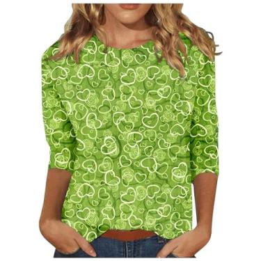 Imagem de Elogoog Camiseta de Dia dos Namorados para mulheres tamanho grande Love Heart Grahic Print 3/4 camiseta elegante básica para sair, 2 bege, P