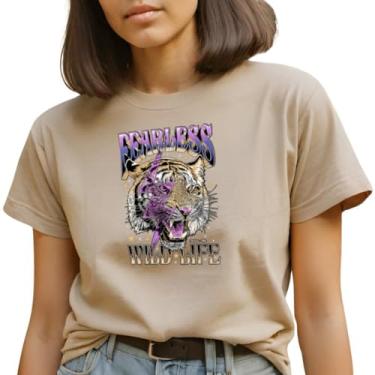 Imagem de Camiseta Feminina T-shirts Blusinhas Tigre Raio Roxo Camisa Onça Plus Size GuGi CF01-006 (Caqui, G1)