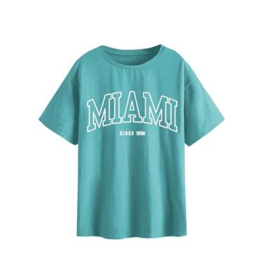 Imagem de SOLY HUX Camisetas femininas estampadas de verão com estampa de letras vintage meia manga solta casual, Letra azul-petróleo, M