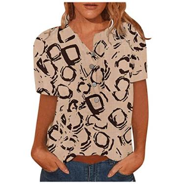 Imagem de Camisetas longas femininas com estampa floral folgada outono verão manga curta gola V camisa de linho feminina 2024 Y2K, W-513 Amarelo Mostarda, G