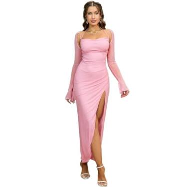 Imagem de Camisa Feminina Halter Cut Out Split Thigh Mesh Bodycon Dress (Color : Pink, Size : X-Small)