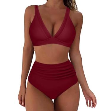 Imagem de Hot Bikinis Biquíni feminino sexy plus size com cordão controle de barriga cintura alta biquíni transparente, Vinho, M
