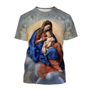 Imagem de Camiseta fashion 3D Blessed Virgin Mary&Jesus estampa Faith Love Hope masculina/feminina elegante camiseta casual, Amarelo, XXG