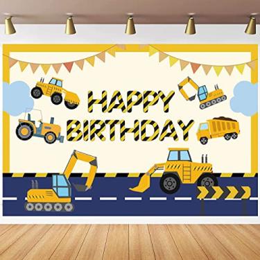 Imagem de Tema de construção, decoração de feliz aniversário, escavadeira, caminhão, bandeira, caminhão basculante, escavadeira, guindaste, aniversário, cenário fotográfico para meninos e crianças, decorações