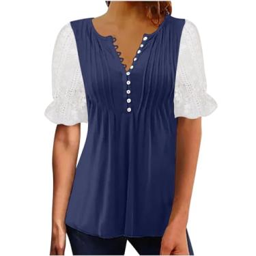 Imagem de Camisetas femininas Henley cintura império renda túnicas plissadas com botão elegante blusa rodada para esconder a barriga, A - azul-marinho, XG