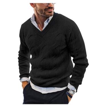 Imagem de Suéter masculino com estampa torcida fina camada base gola V pulôver tricotado camada base borda canelada tricotado, Preto, XXG