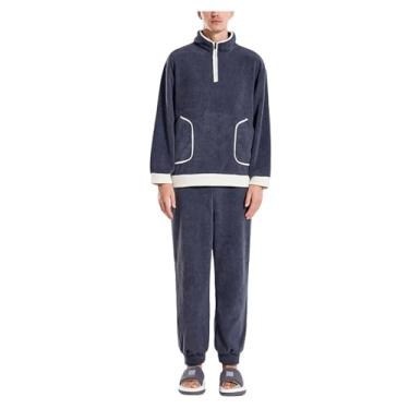 Imagem de Conjunto de pijama masculino de flanela combinando com 2 peças, conjunto de pijama com zíper frontal e meio, Azul-escuro, XG