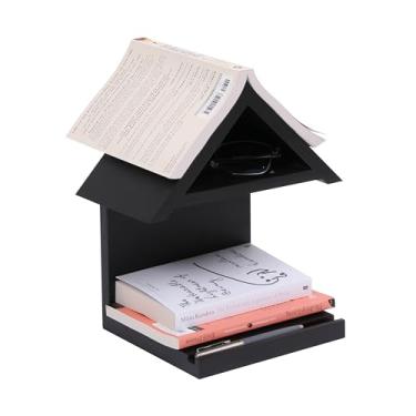 Imagem de LETUBUYU Estante de madeira montada na parede, pequena estante de cabeceira, mesa de cabeceira triangular de madeira, descanso de livros, presente para amantes de livros (preto)