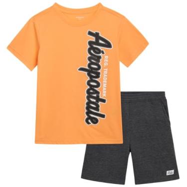 Imagem de AEROPOSTALE Conjunto de shorts para meninos - camiseta de manga curta de 2 peças e shorts de moletom de lã - Roupa de verão para meninos (4-12), Laranja/carvão, 10