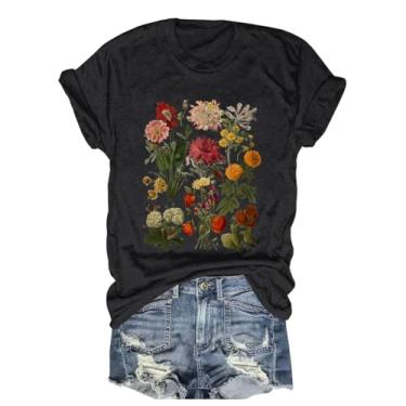 Imagem de Camiseta feminina ousada com estampa de flores silvestres super macia, manga curta, gola redonda, casual, fofa, tops, Preto - 2, M