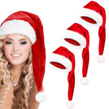 Imagem de zzhxkjhky Pacote com 3 chapéus de veludo longo de Natal chapéu de veludo de Papai Noel chapéu de pelúcia longo de luxo para homem e mulher festa de família de Natal, decoração de Natal para chapéu de Papai Noel de luxo colorido (3, vermelho)