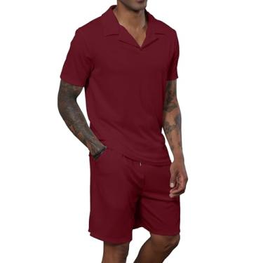 Imagem de Uni Clau Conjunto de shorts masculinos, 2 peças, camisa polo de manga curta, moda de verão, casual, conjunto de shorts, Vermelho, GG