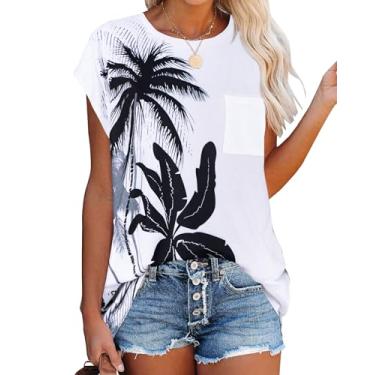 Imagem de JOELLYUS Camiseta regata feminina casual de verão com manga cavada, camisetas básicas com bolso, blusas folgadas, Folha tropical branca, GG