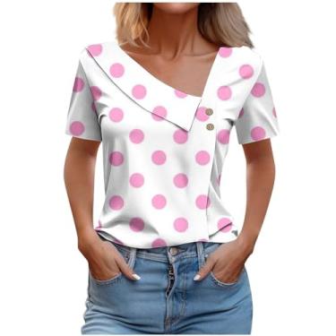 Imagem de Duobla Blusa feminina verão 2024 xadrez bolinhas manga curta gola V botão assimétrico blusa túnica casual moda primavera, Branco, 3G