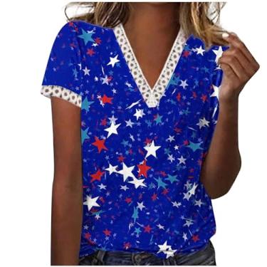 Imagem de MaMiDay Camiseta feminina com bandeira americana, gola V, patchwork, patriótica, blusas de verão de manga curta 2024, A03#azul, XXG