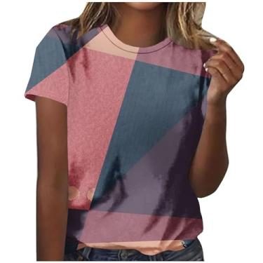 Imagem de MaMiDay Camiseta feminina estampada de patchwork 2024 verão moderna manga curta gola redonda camiseta pulôver leve macio, Multicor, G