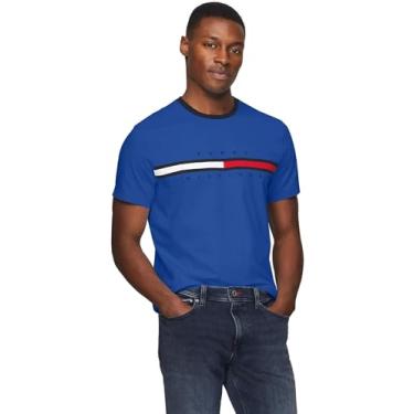 Imagem de TOMMY HILFIGER Camiseta masculina de gola redonda bordada com bandeira de modelagem regular coleção 2024, Azul chaleira, P