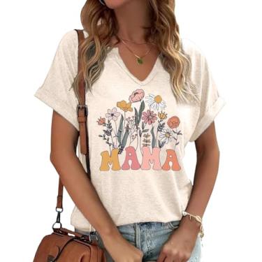 Imagem de Earlymemb Camiseta feminina vintage com estampa de flores e gola V Boho floral flores silvestres casual Cottagecore camiseta manga curta, B - damasco - 2, G