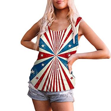 Imagem de Camiseta regata feminina com estampa da bandeira americana EUA Stars Stripes Patriotic 4th of July Summer Loose Tee Tops, Branco, G