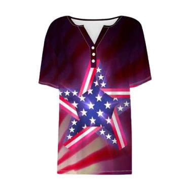 Imagem de Camiseta patriótica feminina fofa 4th of July Henley Neck Shirt Star Stipes camiseta bandeira americana, Preto, G