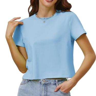 Imagem de Camisetas clássicas de algodão cropped para mulheres, caimento solto, gola redonda, casual, básica, manga curta, cropped, Azul bebê, P