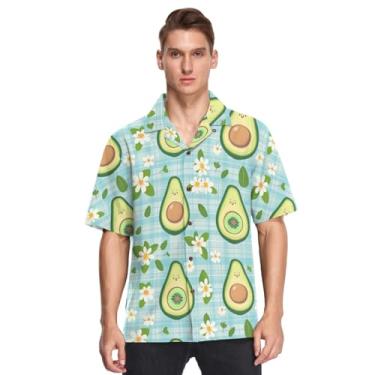 Imagem de Camisa masculina havaiana manga curta abotoada casual camisa solta verão praia tops, Lindas margaridas de abacate xadrez azul, 3G