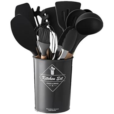 Imagem de Kit de Utensílios de Cozinha de Silicone, 12 Peças, Cabos de Madeira Antiderrapentes, Cozinha Completa (Preto)